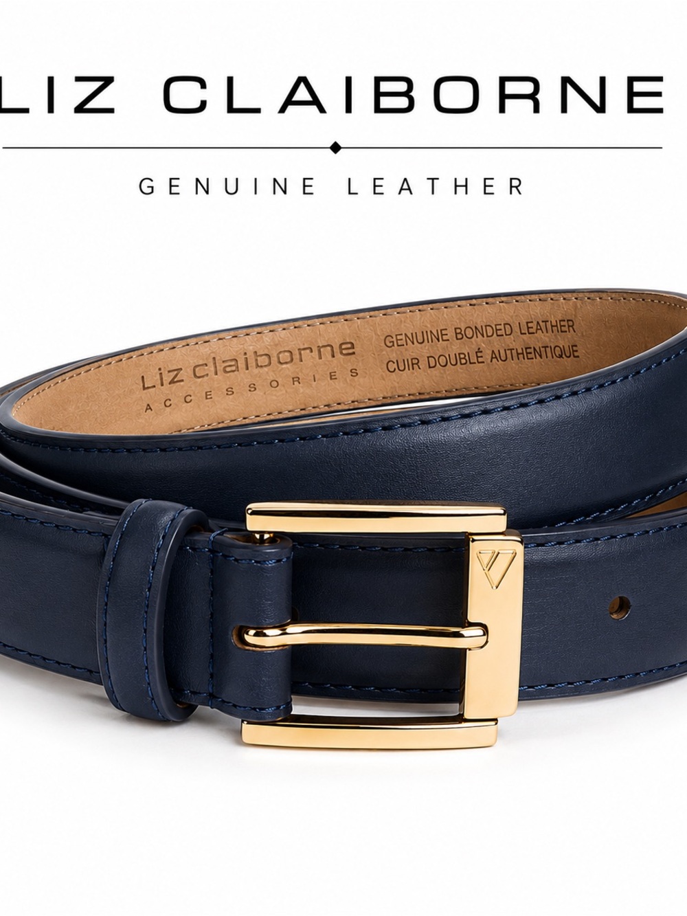Liz Claiborne navy genuine leather skinny belt gold buckle made in usa